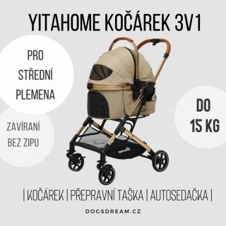 Béžový 3v1 kočárek od Yitahome je malý, skladný ale s pevnou hliníkovou konstrukcí. Skvělý například do města ale zvládne...